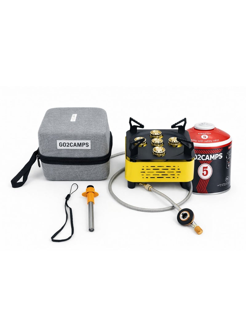 GO2CAMPS High-Output 5-Burner Portable Camping Stove Combo Pack – Includes 450g Screw-Type Butane/Propane Gas Canister, Gas Adapter Connector, and Igniter – Heavy-Duty Windproof Outdoor Cooking Kit with Premium Carry Case - Image 3
